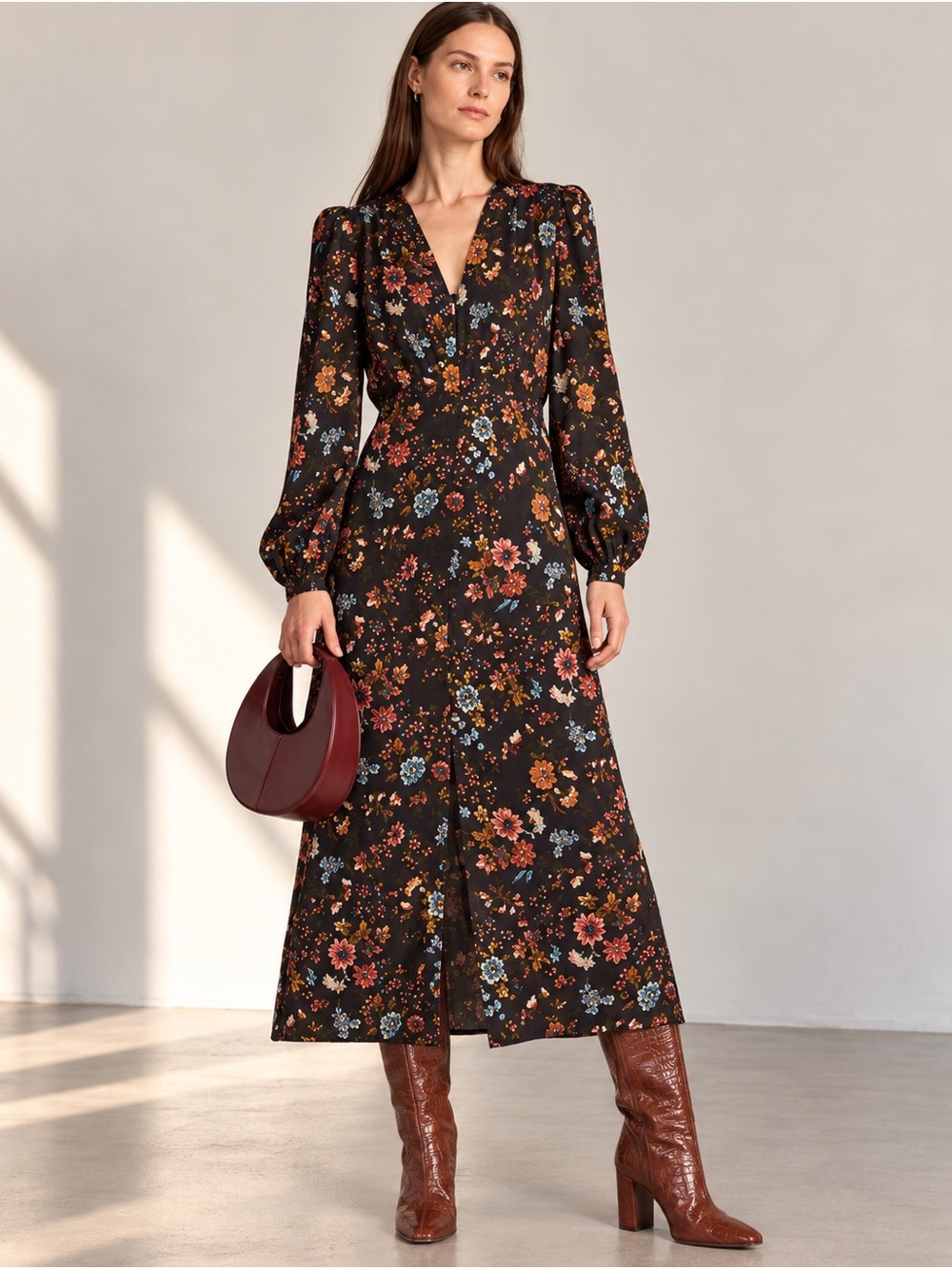 Veronica Beard Terina Floral Silk Blend Black Multicolor Midi Dress Size 00